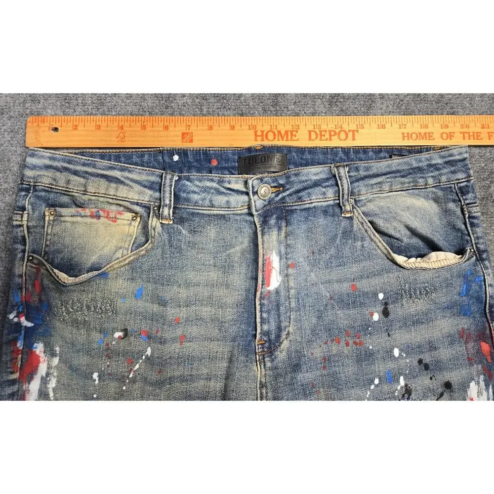 Tulones Jeans Mens 42x32 Blue Skinny Paint Splatter Distressed Denim Pants